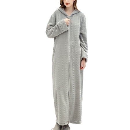Previn Women s Flannel House Coat Long Sleeve Fuzzy Robes Hoodie Zipper Hooded Housecoat Soft Winter Long Robes Zip Up Housedress Bathrobe Grey X-Large-XX-Large
