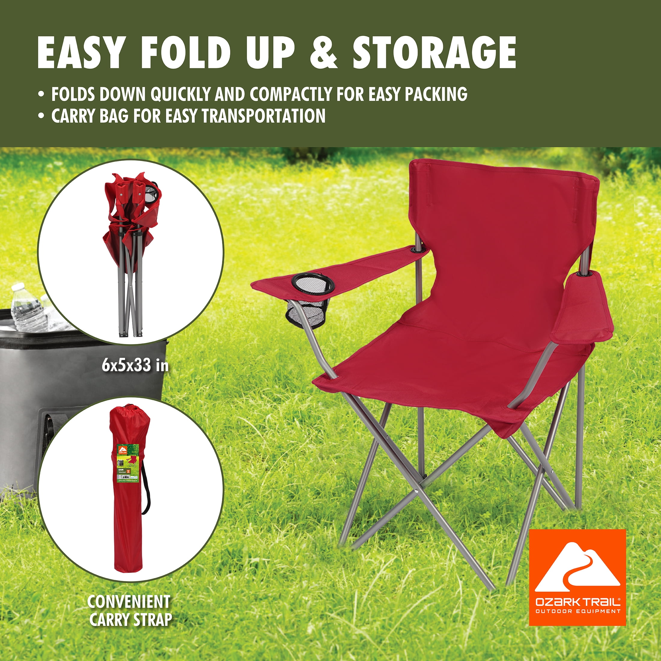 Ozark Trail Quad Folding Camp Chair with Cup Holder, Dark Red