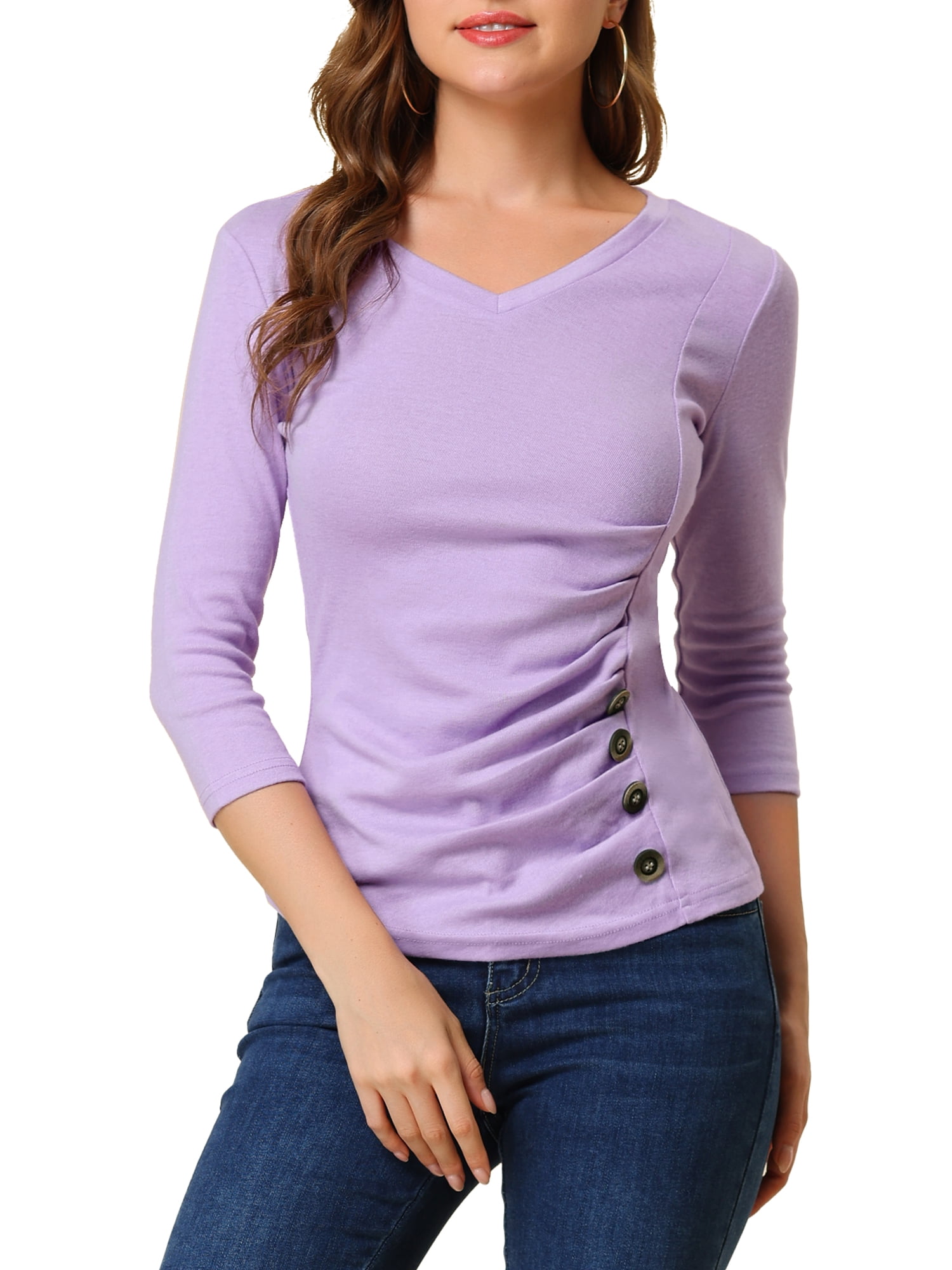DARING DIVA V Neck Knitted Buttons Decor Ruched Blouse Top 3XL Light Purple