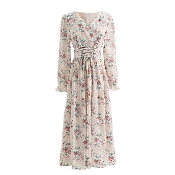 YM YOUMU Women Summer Vintage Lace up Floral Print Peasant Dress High Waist Long Puff Sleeves Beach Homecoming Dresses