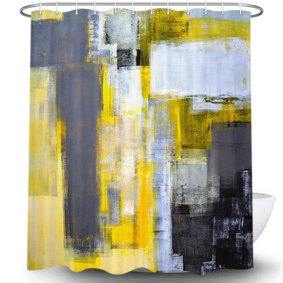 Grey and Yellow Shower Curtain for Bathroom, Abstract Art Grunge Style Oil Painting Ombre Bath Curtain Bathroom Decorations, Grey Yellow Black Fabric Shower Curtain Sets with Hooks, 69X70 Inches