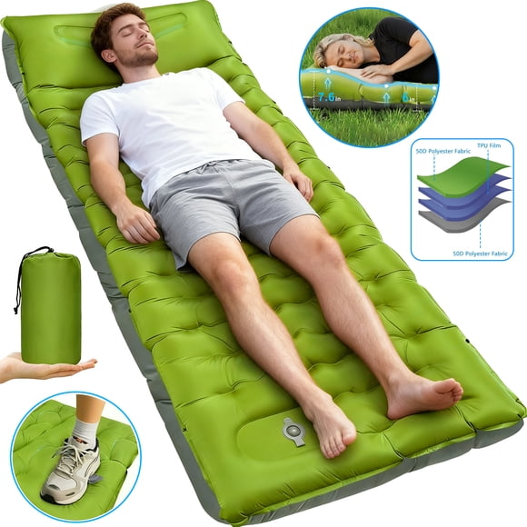 Henotian Colchoneta para Dormir para Acampar, Colchón de Aire Inflable de 6" de Grosor con Almohada con Bomba de Pie Incorporada, Tapete Autoinflable Ultraligero para Tienda de Campaña y Senderismo