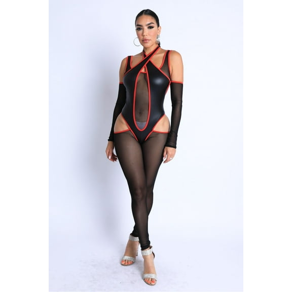 Binding Pointed Cutout Halter Mesh Off Shoulder Jumpsuit Black/Red M