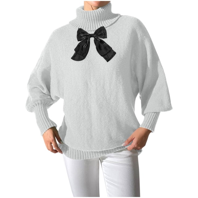 Pulls à Col Roulé avec Nœud pour Femmes Manches Longues Automne Chandail Tricoté Col Haut Mignon Décontracté Hauts Blanc, m