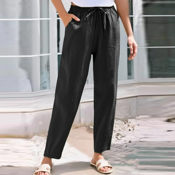 Black Cargo Pants Women's Cotton Linen Straight Leg Pants Elastic Drawstring Casual Trousers With Pockets Summer Beach Pants