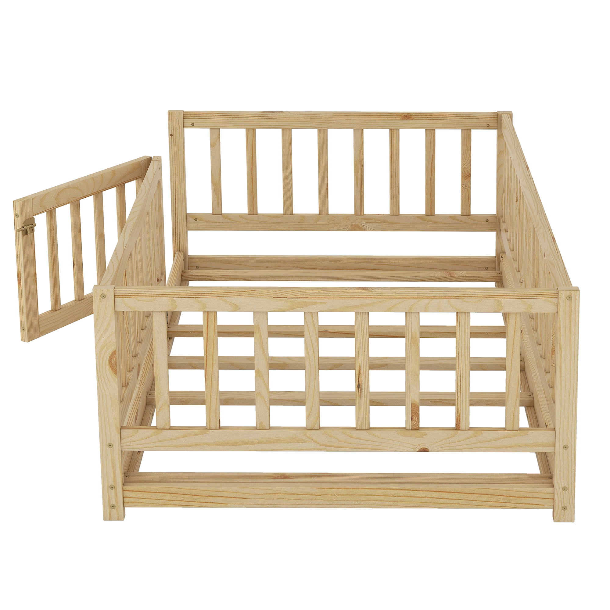 Montessori Floor Bed, Kids Bed Frame, Low Profile Toddler Bed with Removable Slats and Safety Door, Wood Bed Frame for Kids Boys Girls, Twin Oak