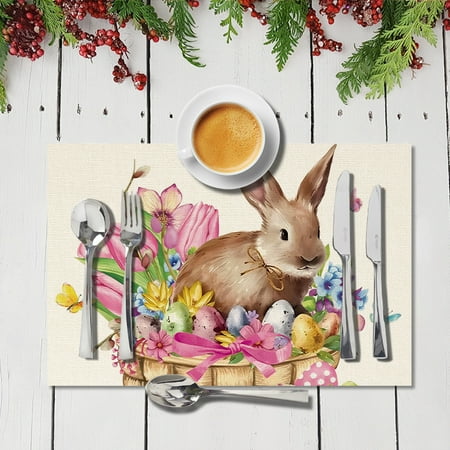 

Happy Easter Placemats Set of 1 Cute Easter Bunny Placemats for Dining Table Reversible Heat Resistant Happy Easter Day Stripe Cloth Placemat for Holiday Easter Decorations