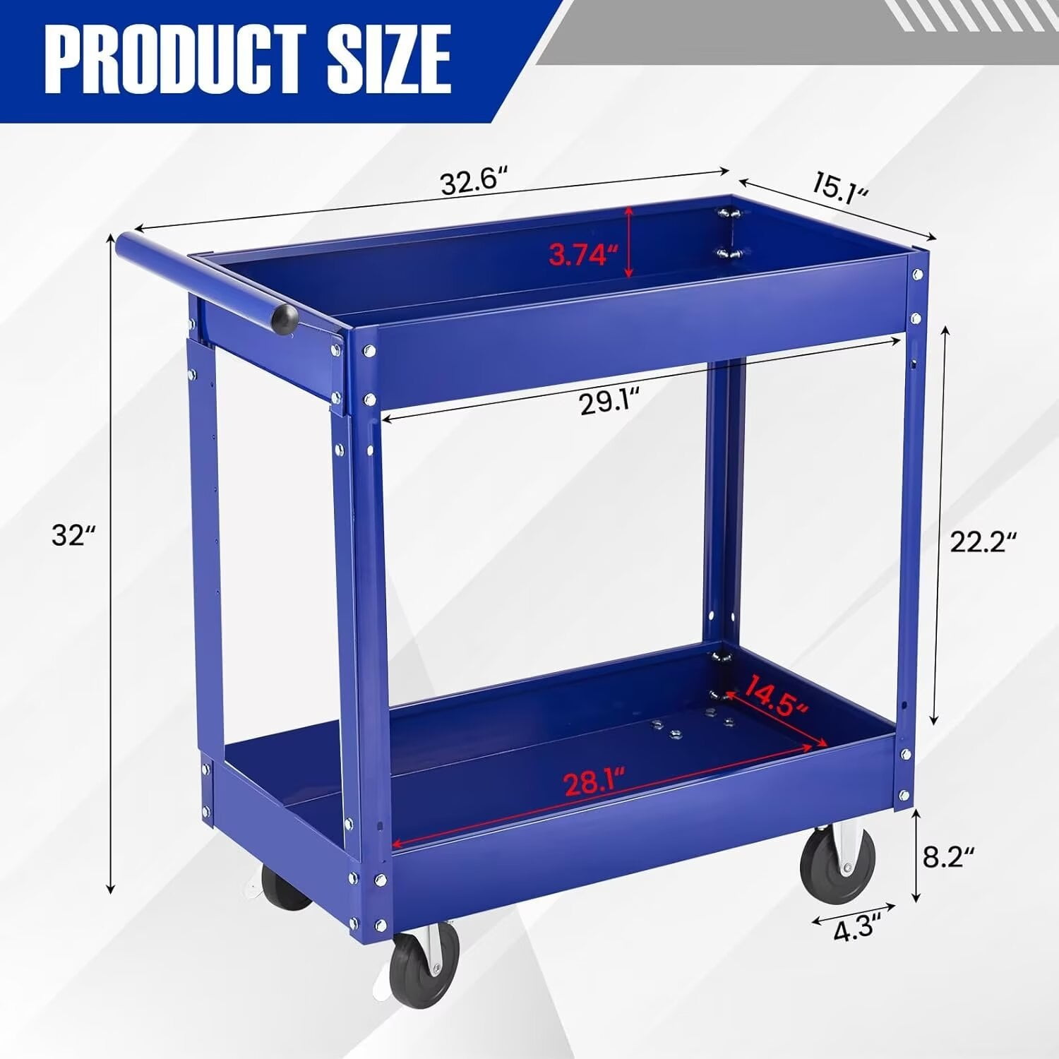 2-Tier Utility Cart, Heavy Duty Steel Rolling Cart, 300lb Multi-Purpose Tool Organizer, Metal Garage Organizer Tool Cart for Warehouse, Garage, Garden, Kitchen