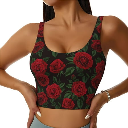 Jgfou Rose Print Womens Sports Bra - Padded Workout Sports Bras Crop Tank Top