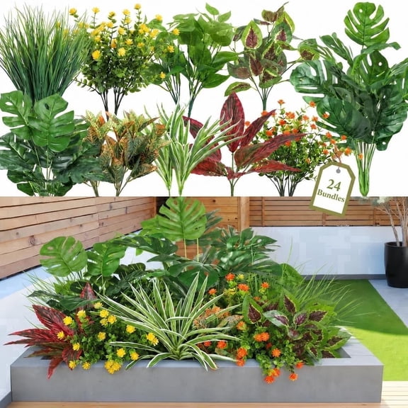 AcerichFad Artificial Plants for Outdoor, 24 Bundles Faux Greenery Fake Plastic Flowers with Stems for Outdoor Indoor Summer Patio Garden Porch Yard Home Decor