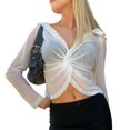 thumbnail image 1 of Top de malla para mujer, manga larga, nudo torcido frontal, informal con capucha, top con transparencias para citas diarias, compras, blanco S, 1 of 8
