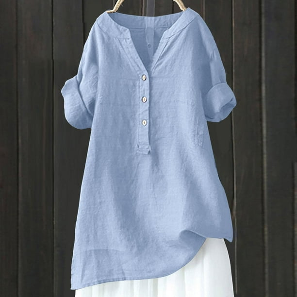 MKLEKYY Playeras De Algodon Mujer Camisas Para Mujer, Botones, Cuello En V, Manga Larga, Blusas Elegantes De Moda, Ropa Informal Holgada Y Cómoda. Talla XXL