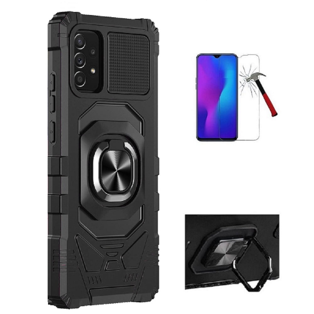 Phone Case for Samsung Galaxy A23 5G,  Magnetic Adsorption Case Cover Ring Kickstand +Tempered Glass (Black)