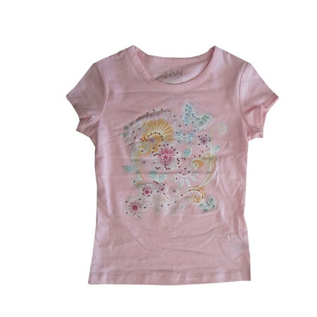 Bongo Little Girls Pink Floral Embroidery Stud Short Sleeved T-Shirt
