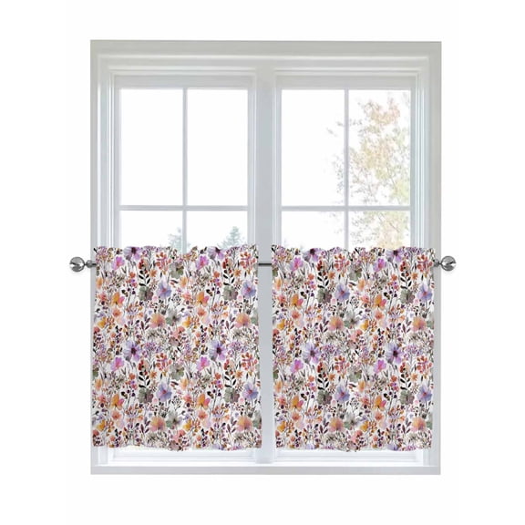 Watercolor Floral 2 Panel Kitchen Curtains for Small Windows, Spring Flowers Plants Modern Rustic Bathroom Tier Curtain, Short Window Treatment for Bedroom/Living Room 55"x36"