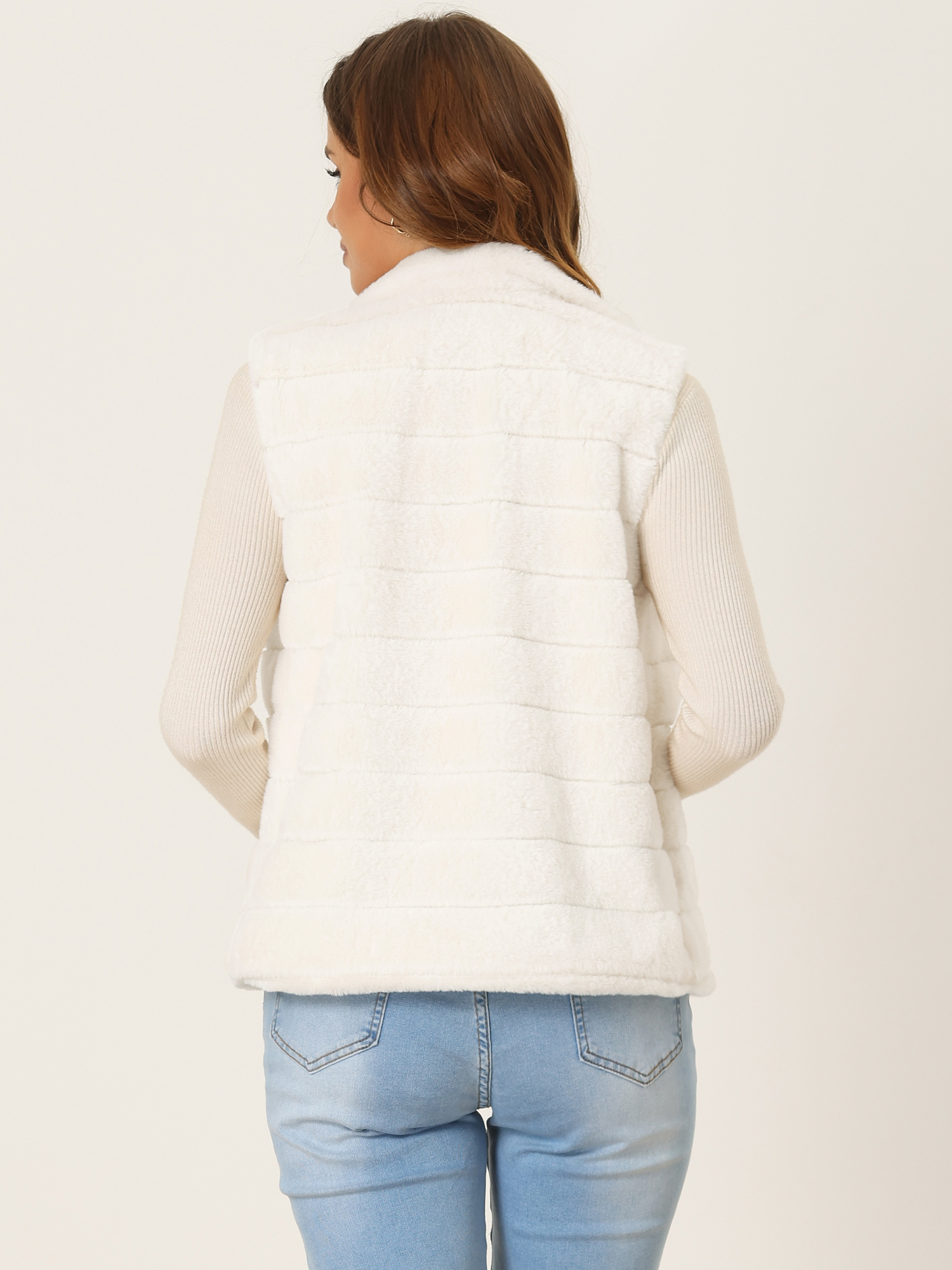 DARING DIVA Women's Stand Collar Fluffy Vest Faux Fur Sleeveless Coat L White