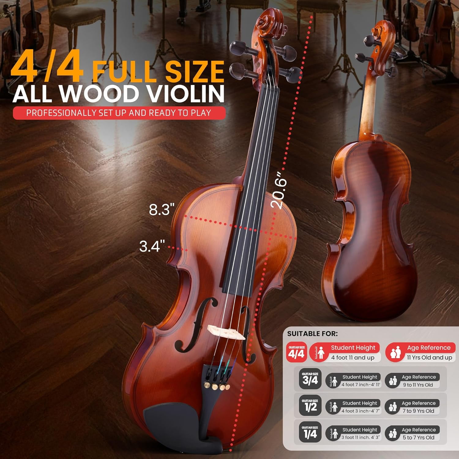 Pyle 4/4 Full Size Beginner Acoustic Violin Set – Student Violin with Hard Case, Bow, Extra Strings, Rosin & Full Accessory Kit, Includes Mobile App Tuner and 2 Months Free Lessons for Kids & Adults