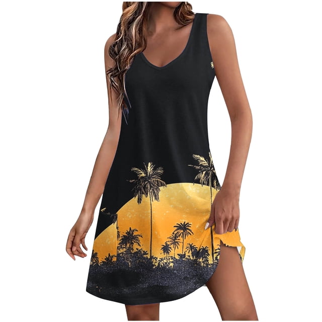 Dvprdro Robe Débardeur d'Été pour Femmes Mode Imprimé Floral Col en V Sans Manches Fluide Ligne Décontractée Ample Plage Soleil Mini Robe avec Poches