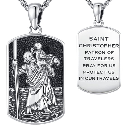 925 Sterling Silver St Christopher Dog Tag Necklace Religious Pendant with Saint Christopher Patron of Travelers Pray For Us Inscription Catholic Amulet Protection Jewelry for Travelers Men Women