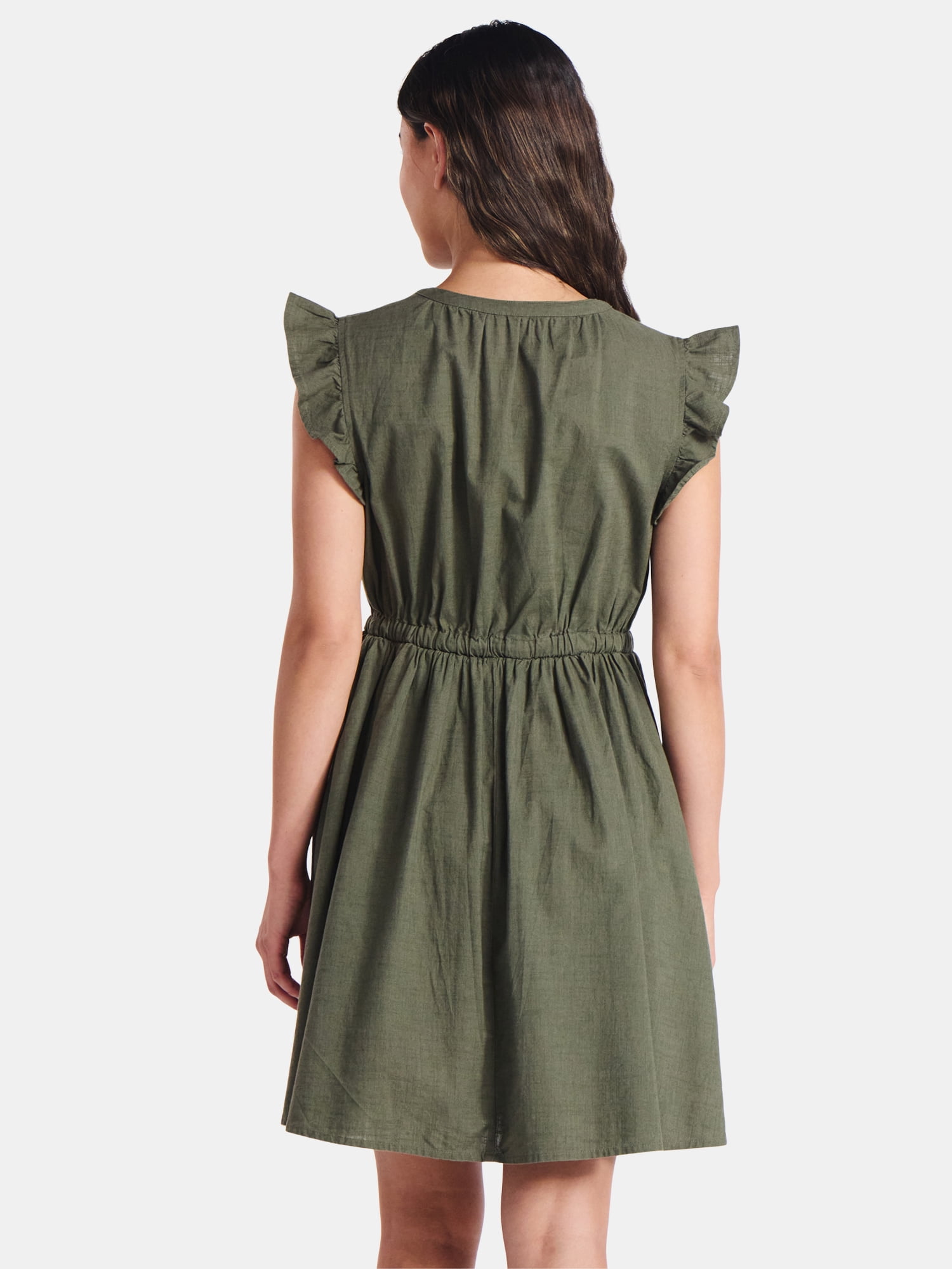 Time and Tru Women's and Women's Plus Button Front Cotton Mini Dress with Flutter Sleeves, Sizes XS-4X