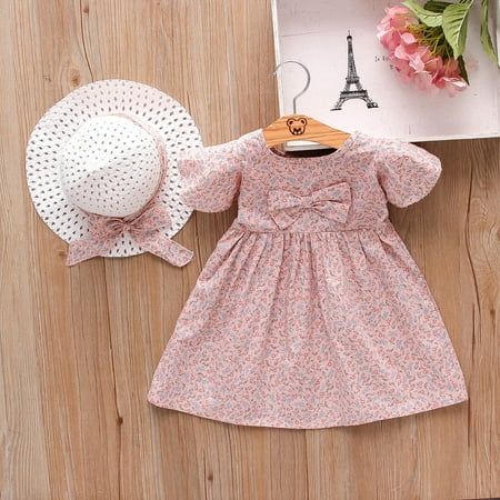 

Huilaibazo Girls Dress+Hat Sleeve Princess Baby Girls Printed Short Flower Toddler Bowknot Girls Dress&Skirt