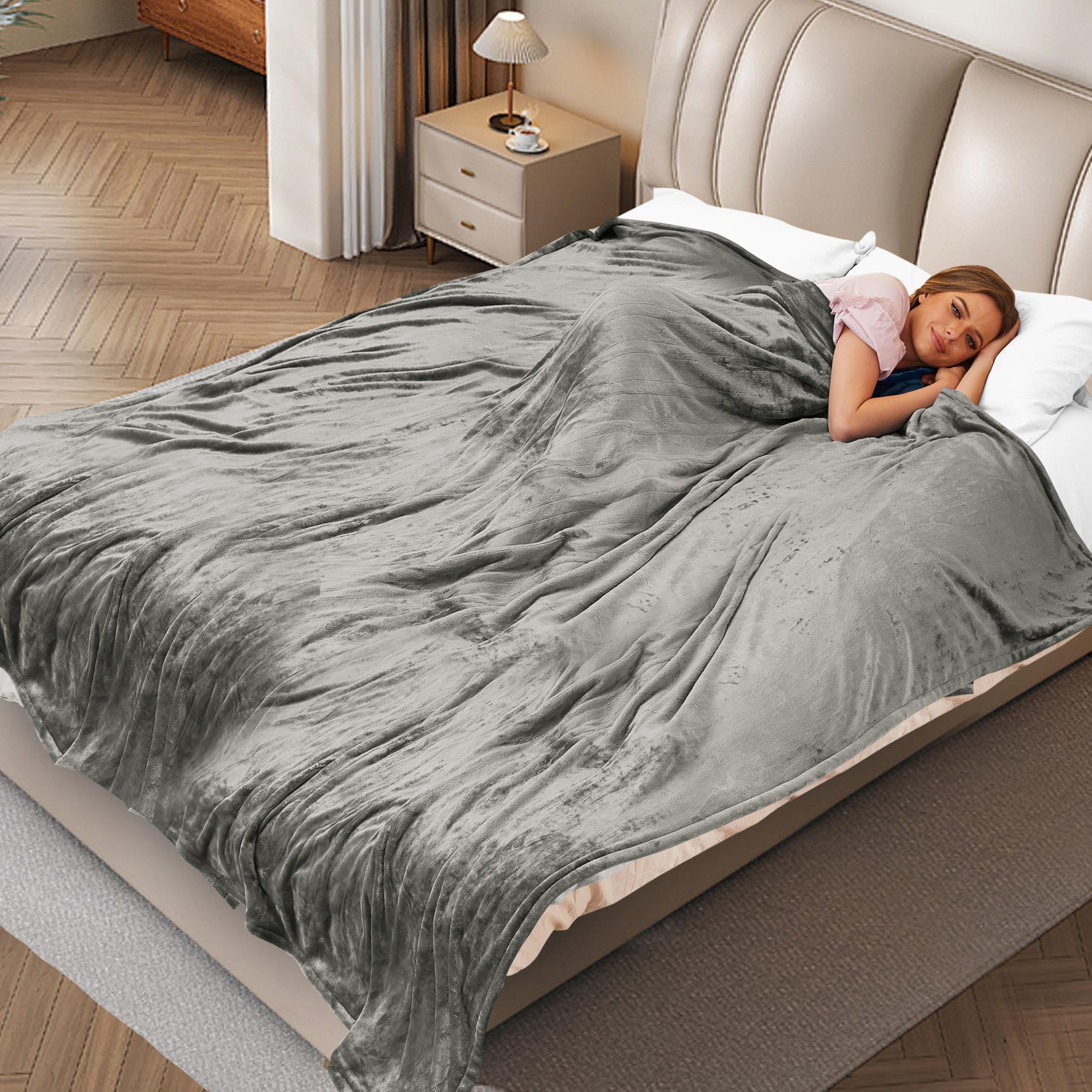 SUNNY HEAT Electric Heated Blanket Flannel 84" x 90" Queen Size-4 Heating Settings & 10 Hours Auto Off, Cozy Machine Washable-Light Gray