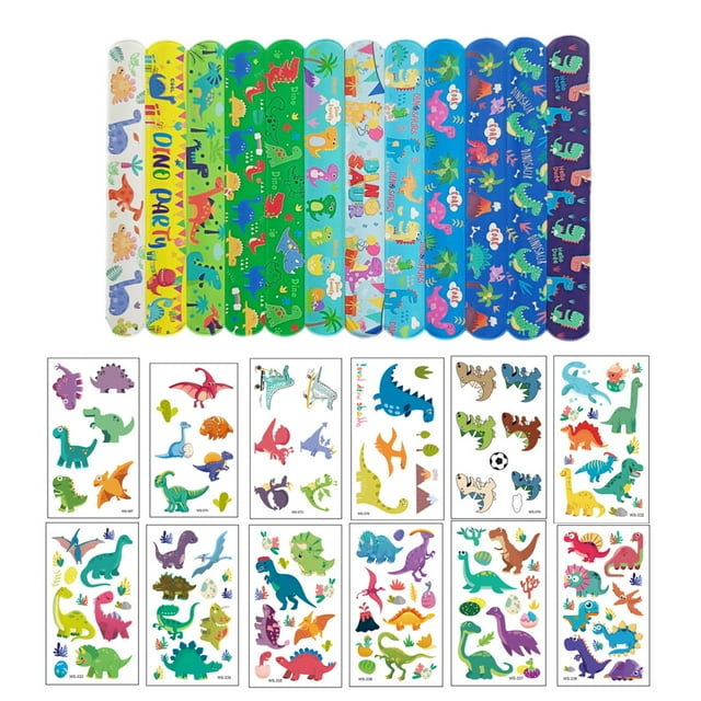 Pulsera con botones de dinosaurio y pegatina de dinosaurio, bolsa de fiesta de dinosaurio, paquete de 10 pulseras infantiles para niños, fiesta de cumpleaños, niño (10x Dino)