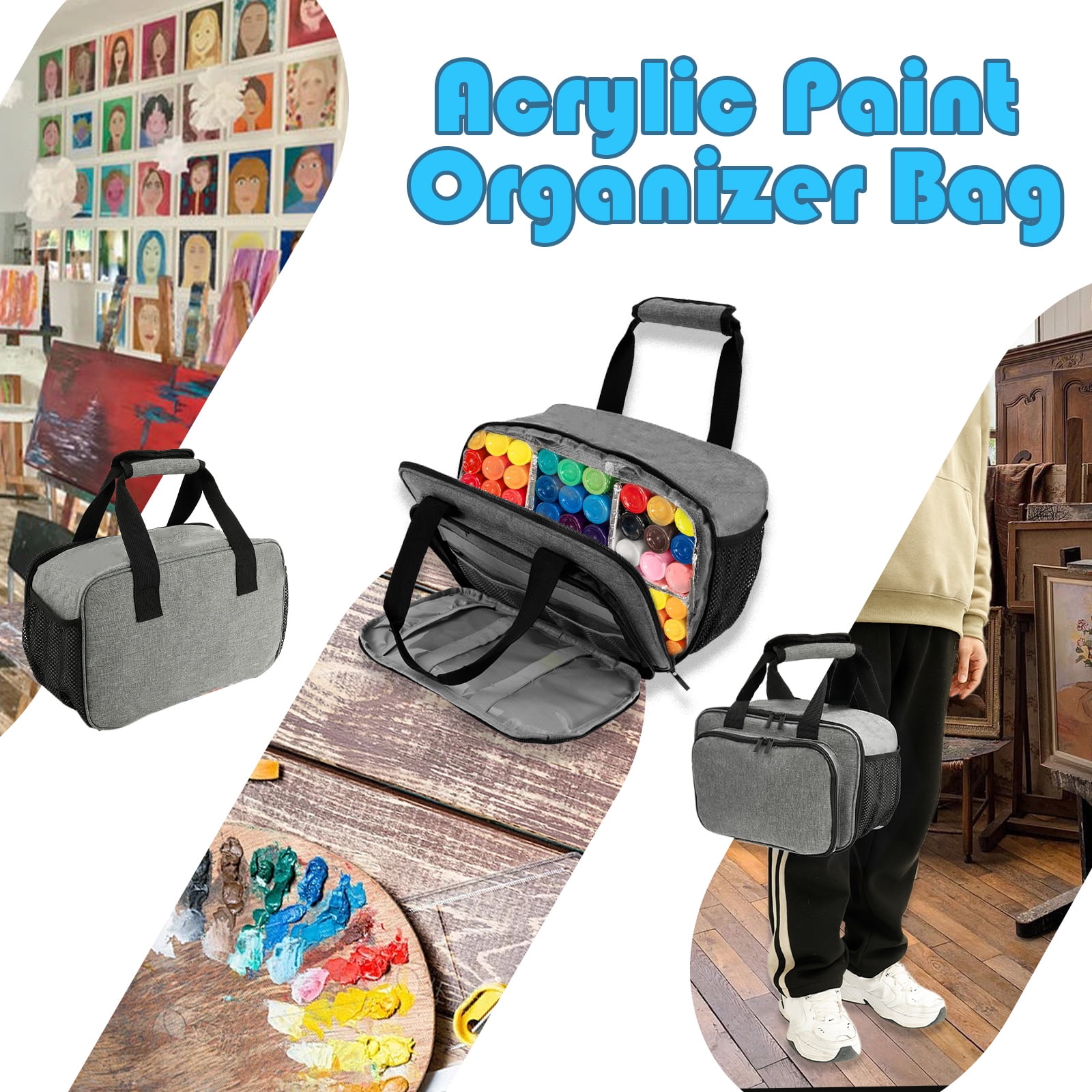 Acrylic Paint Organizer Bag Polyester Craft Paint Organizer with Aluminum Foil Liner Portable Art Supply Storage Case with Handle Strap for Paint Brushes Palette Board