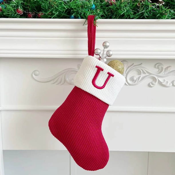 Seyotauo Christmas Stockings with Initials, Embroidered Xmas Stockings, 7" Large Knitted Xmas Stocking, Christmas Party Fireplace Family Hanging Stocking Decorations