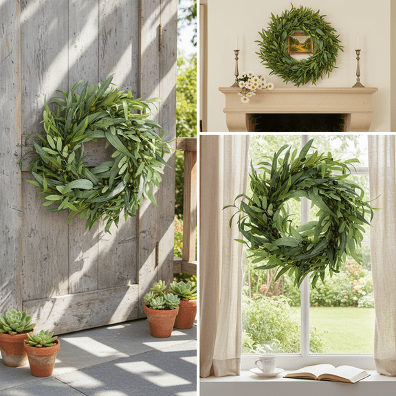 24 IN Artificial Olive Leaf Wreath with Berries Faux Greenery Wreath - Spring Summer Wreaths for Front Door-Farmhouse Rustic Wreath for Wall Window Christmas Decor