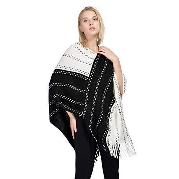 StylesILove Women Two-Tone Asymmetrical Fringed Knitted Poncho Cardigan Cozy Wrap Jacket
