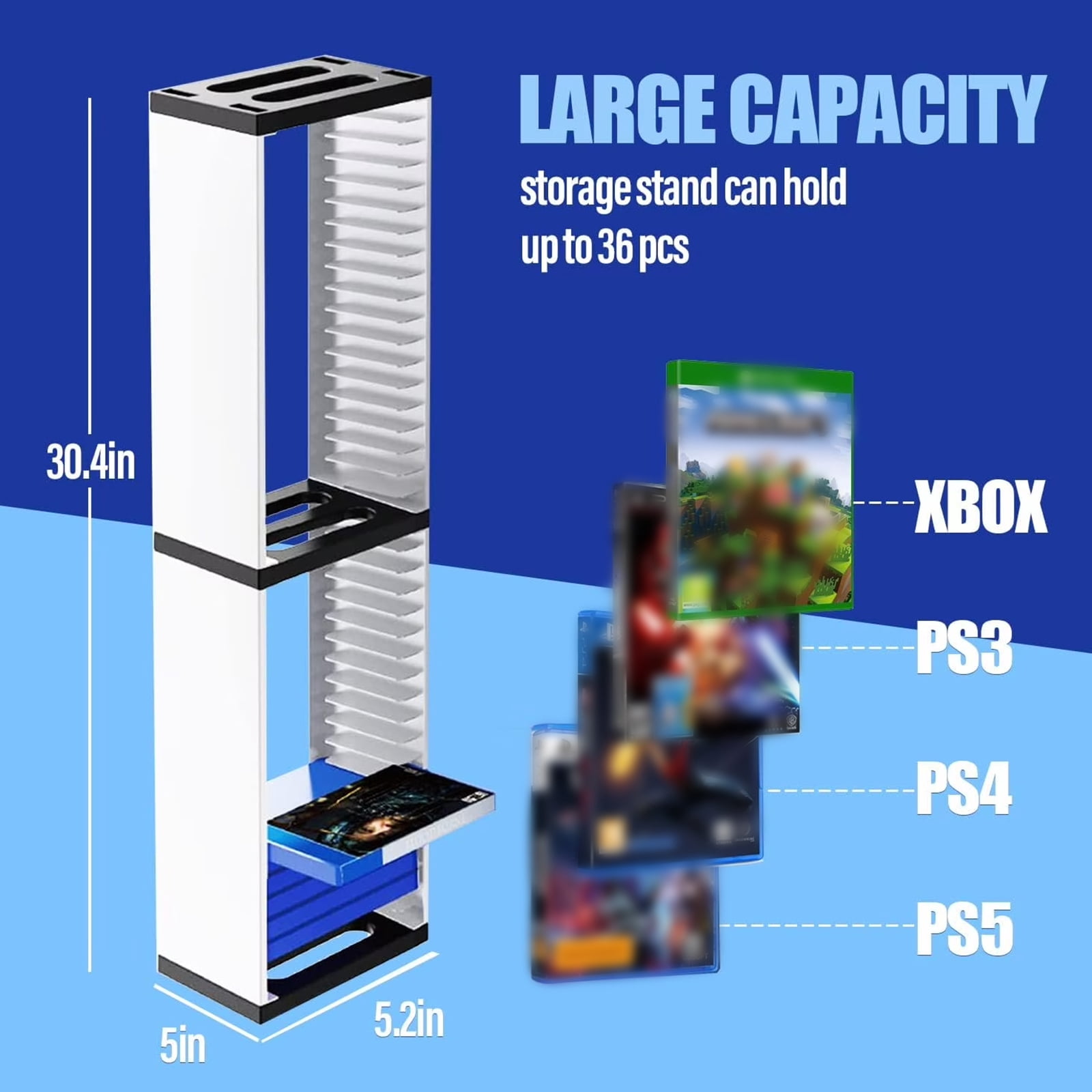 Yuehuam Video Game Storage Stand Tower for PS5/ PS4/ PS3/ Xbox Series S, Universal Game Disc Holder Vertical Stand Organizer Tower