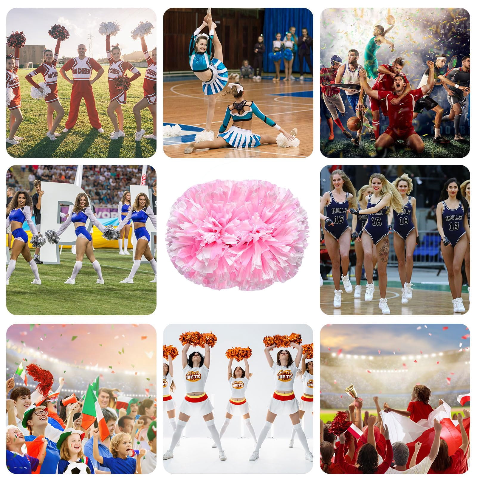 Cheer Pom Poms 14 Pcs with Handle, Cheerleading Handheld Squad Pompoms for Sports Team Cheer Spirit Games Dance Party Adults