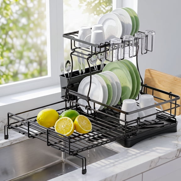 SUNCOZE Dish Drying Rack for Kitchen Counter, Large Dish Rack with Drainboard and Utensil Holder, Rust-Resistant Kitchen Dish Drainer for Plates, Bowls, Cups and Cutlery, Black