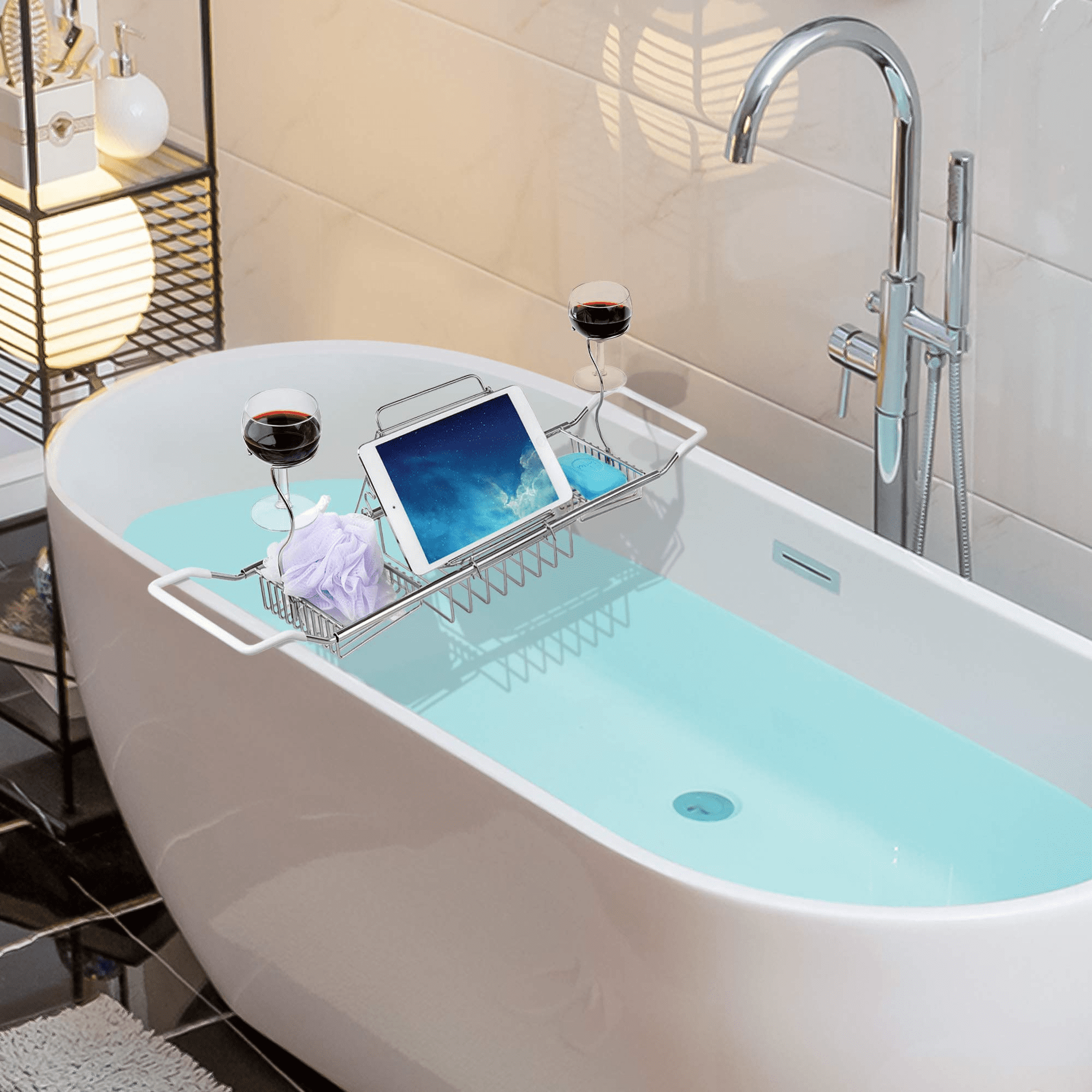 Toyvian Bath Shelf Extendable Bathtub Tray Shower Tub Steel Wire Non Slip  Over Bath Tub Organizer with Extending Sides Bathroom Shower Bathtub Phone