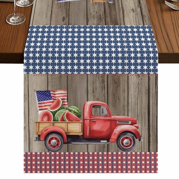 Table Runners 48 Inches Long Dress Scarves, Independence Day Farmhouse Kitchen Table Runner, Short Coffee Tablerunners, Red Truck Watermelon Star Wooden Grain 13x48 Inch