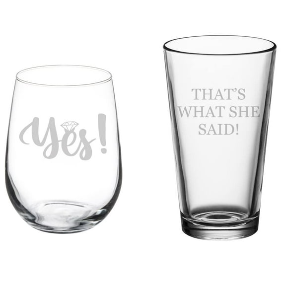 Set of 2 Glasses Stemless WINE & Beer PINT Glass Gift Yes & That's What She Said Engagement