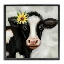 Stupell Industries Cow with Yellow Daisy Animals & Insects Painting Gray Framed Art Print Wall Art, 17 x 17