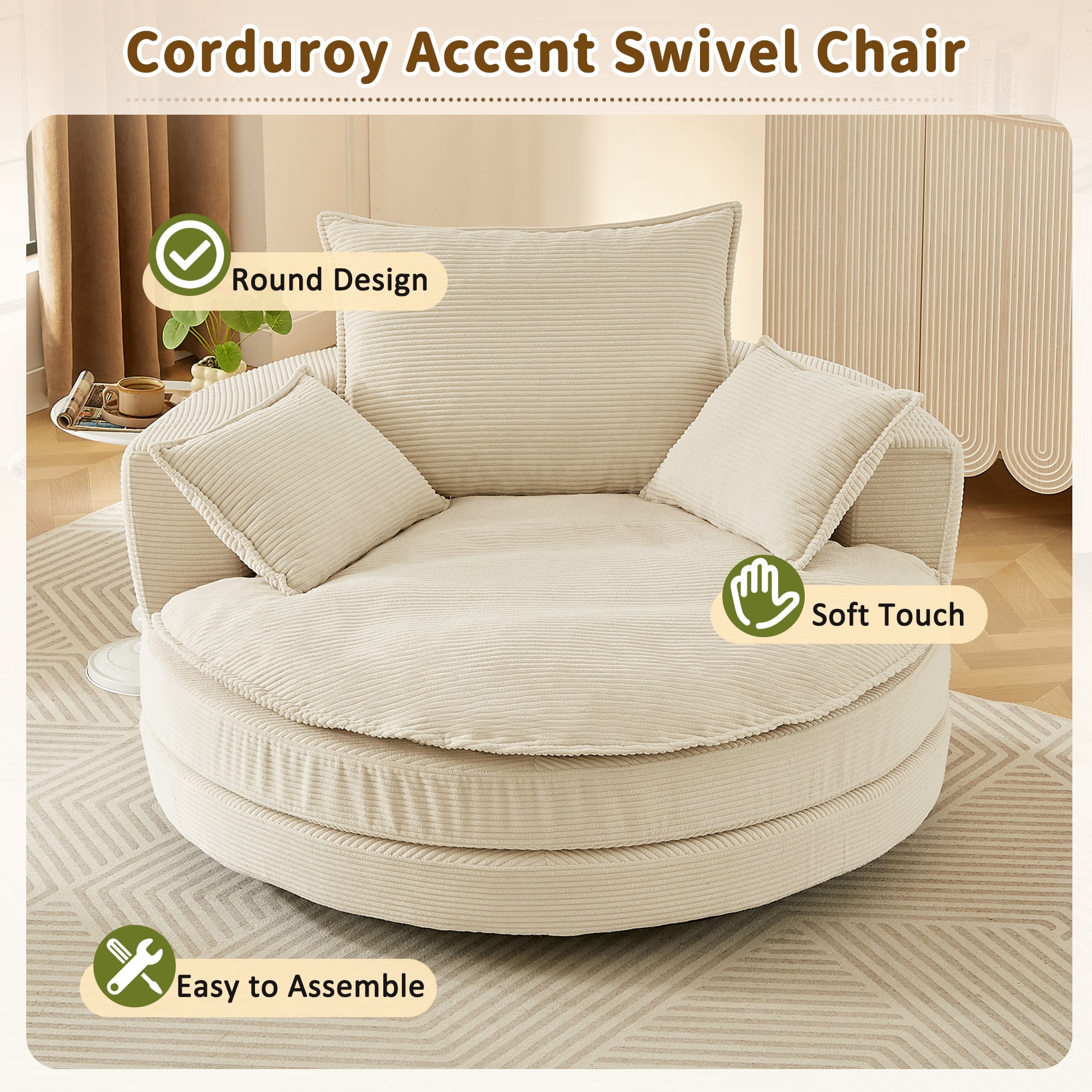 Euroco Oversized Round Swivel Chair with Corduroy Upholstery and Deep Seat, 360° Rotation Lounge Chair with Pillows for Living Room or Bedroom – 57.5" W x 56.5" D x 35.25" H