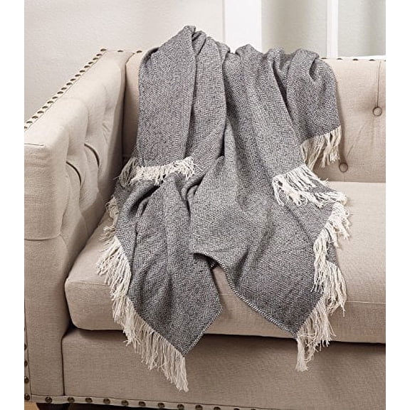 Fennco Styles Herringbone Blanket Throw With Tassels - 50"W x 50"L - Grey