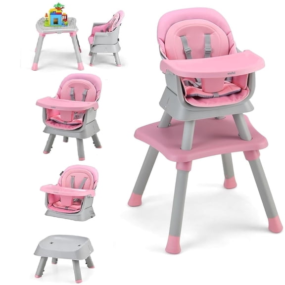 INFANS 8 in 1 Baby High Chair, Convertible Highchair for Babies and Toddlers, Infant Dining Booster Seat, Building Block Table, Kids Stool Table Chair Set with Removable Tray (Pink)