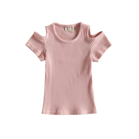 

Casual Shirts for Toddler Baby Girls Cold Shoulder Short Sleeve Round Neck Knitting Casual Cutout Summer Tops