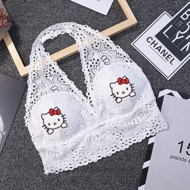 Sujetador de Hello Kitty para niñas, ropa interior de encaje femenina, Sexy, dibujos animados, gato Kt, Kawaii, sin anillo de acero, Y2K, chaleco, Tops, traje de baño, regalo