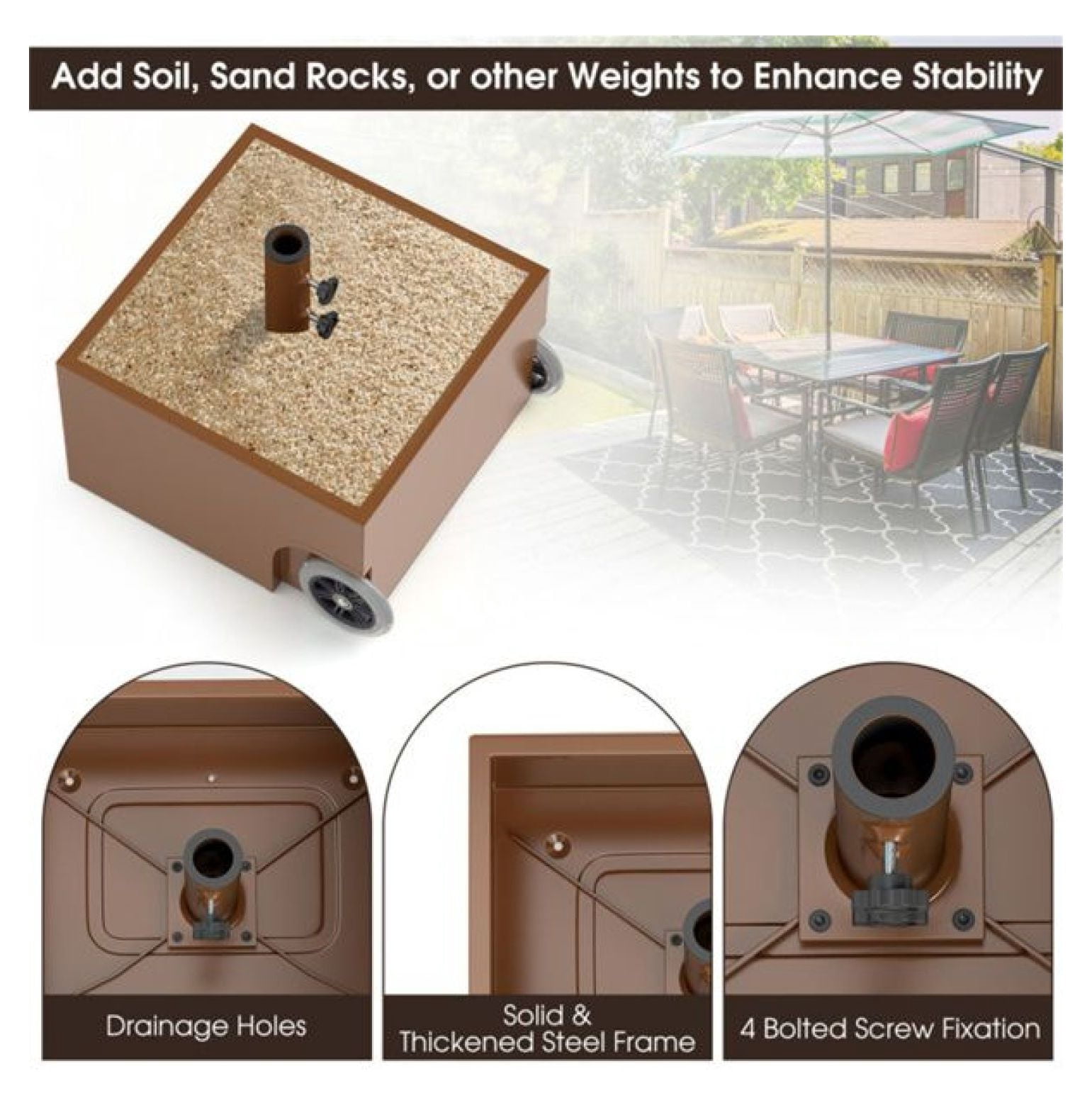 150LBS Umbrella Base with Wheels, Coffee, Patio Umbrella Stand for 7.5-11ft Umbrellas, Fillable Planter, 2 Adapters, Heavy Duty Steel