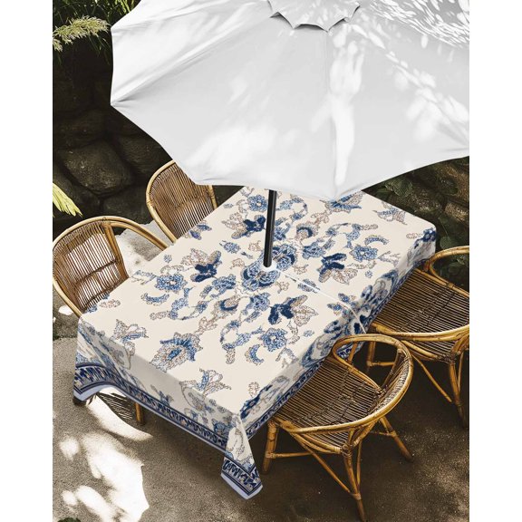 Outdoor Tablecloth with Umbrella Hole, Bohemia Blue Flower Pattern on Beige Zippered Table Cloth for Rectangle Tables, Retro Abstract Art Washable Waterproof Tablecloths for Picnic Patio Garden