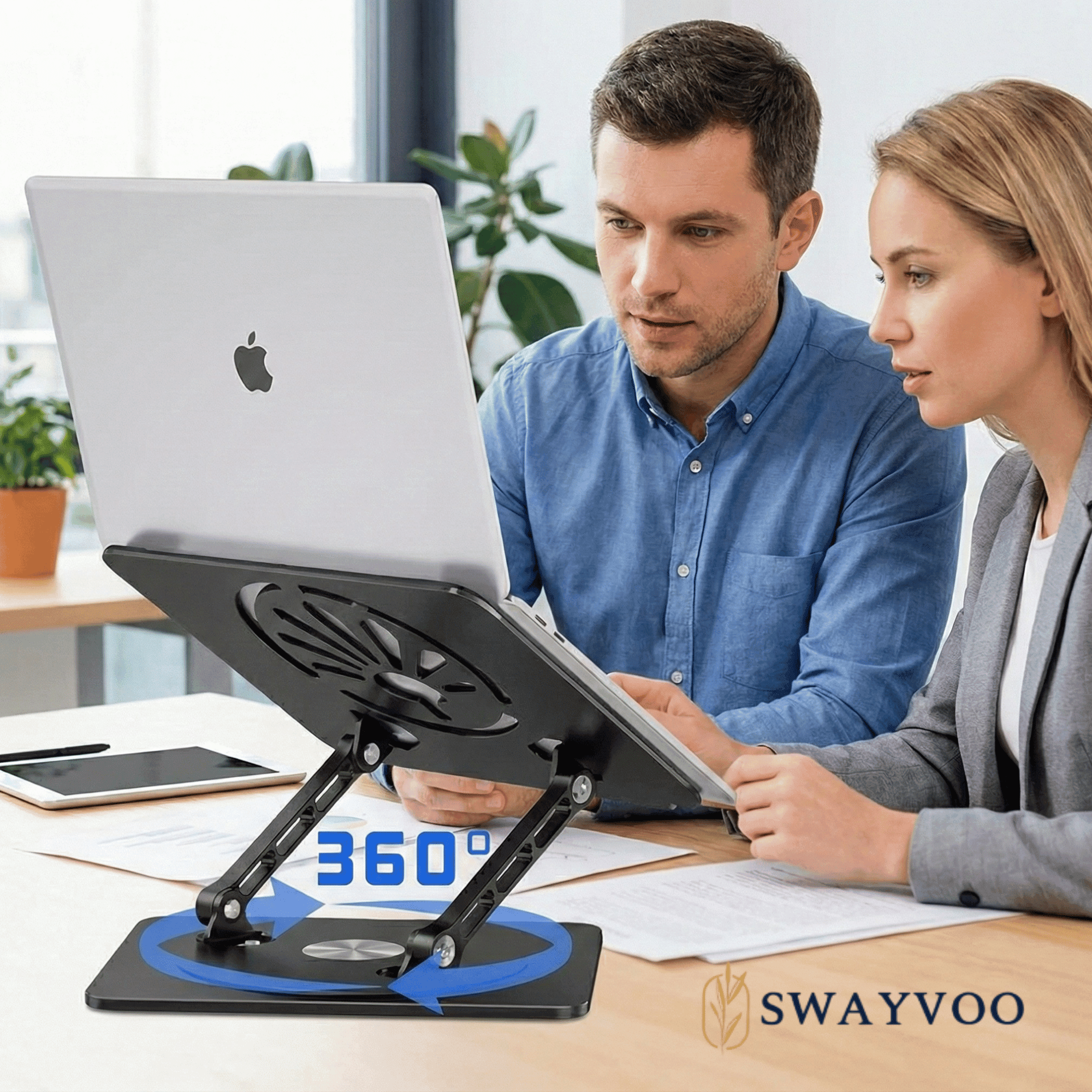 Swayvoo Laptop Stand for Desk, 360° Rotating Ergonomic Laptop Holder — Height Adjustable Foldable Aluminum Computer Stand Compatible with MacBook, Dell, HP, Lenovo, 10–16 Inch Laptops