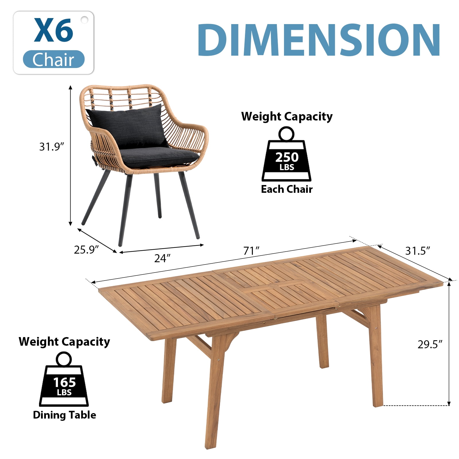 Outdoor Dining Set for 6, Extendable Wooden Table with Wicker Patio Chairs, 7-Piece Patio Outdoor Furniture Set for Deck, Garden, Backyard, Black