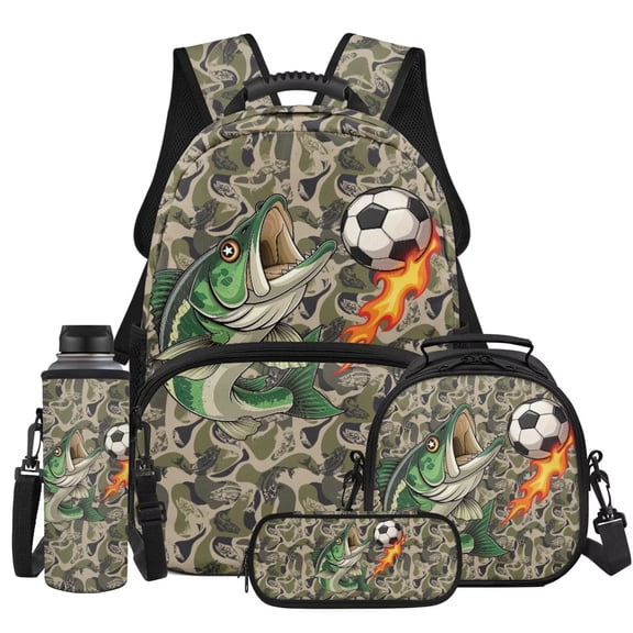 KUIFORTI Camo Fish Durable Kids Backpack Set 4Pcs with Lunch Bag Pencil Case Water Bottle Holder for Elementary Primary Middle School Students Back to School Supplies Gifts