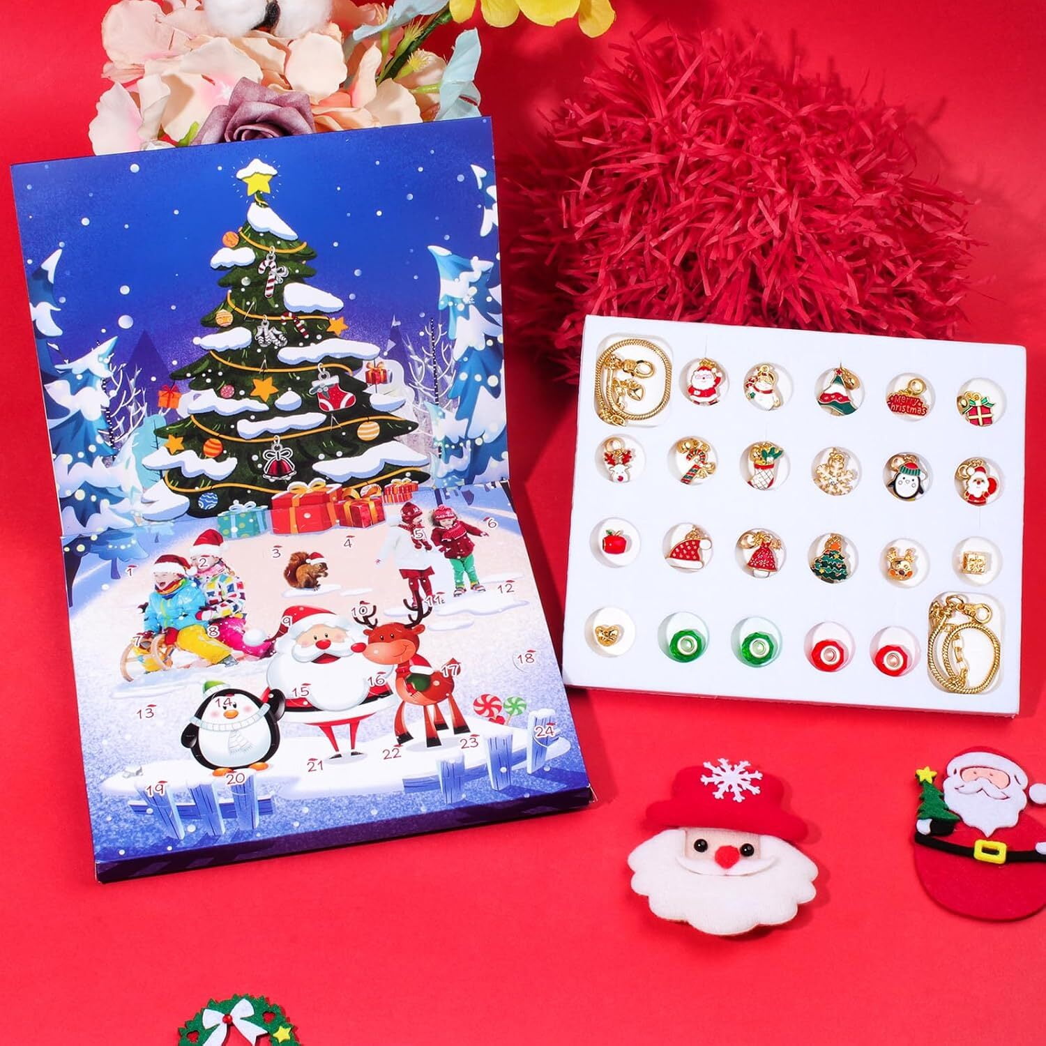 24 Days Christmas Advent Calendar Jewelry Making Kit, DIY Craft Set with Charms, Beads, Bracelet for Kids, Teens, Women