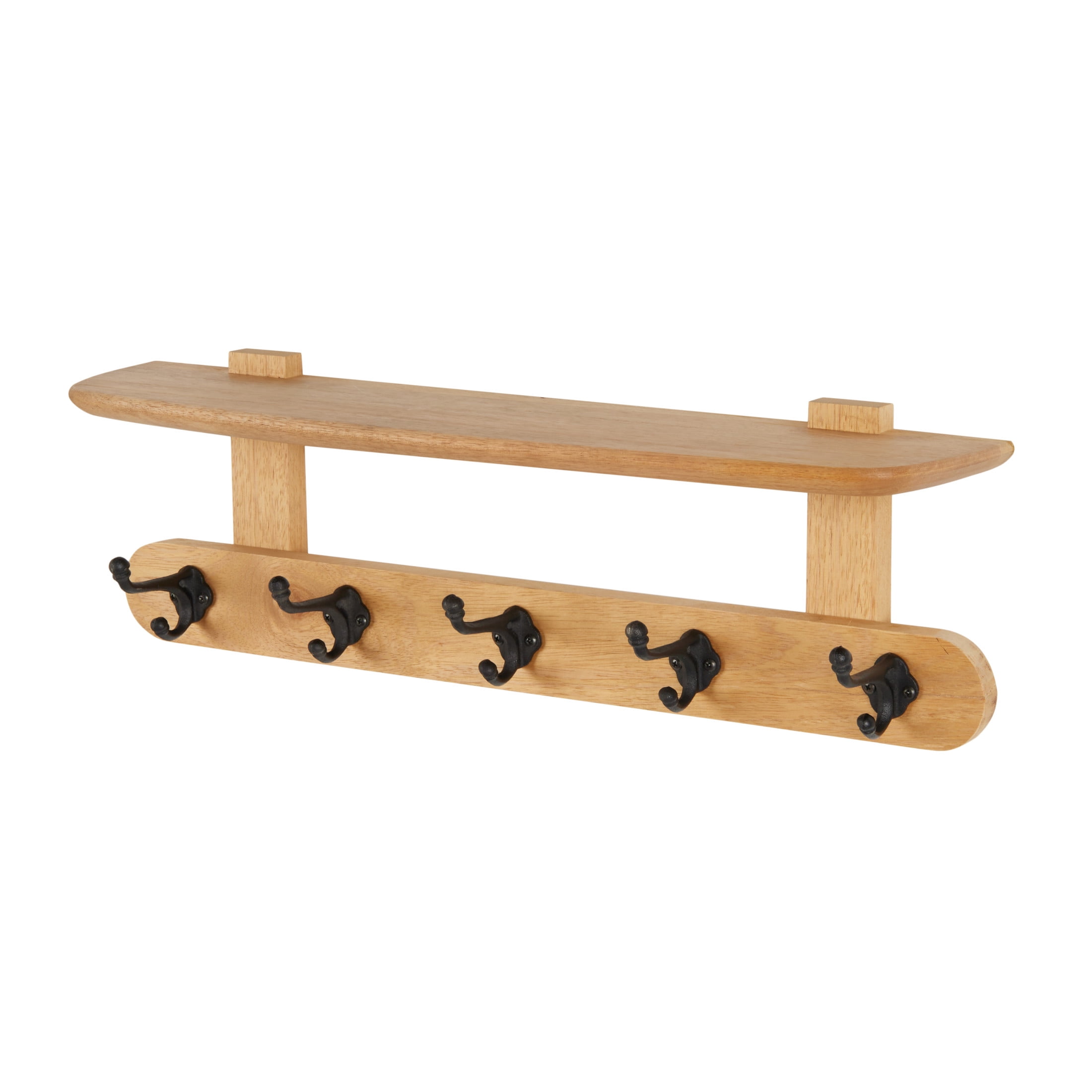 DecMode 26" x 8" Brown Mango Wood Handmade Single Shelf Wall Hook with 5 Hooks, 1-Piece